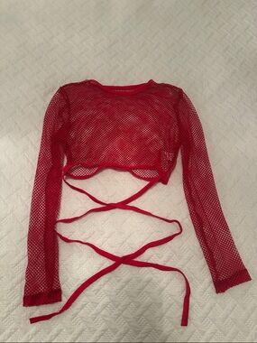Red Mesh Fishnet Rave Long-Sleeve Wrap Crop Top